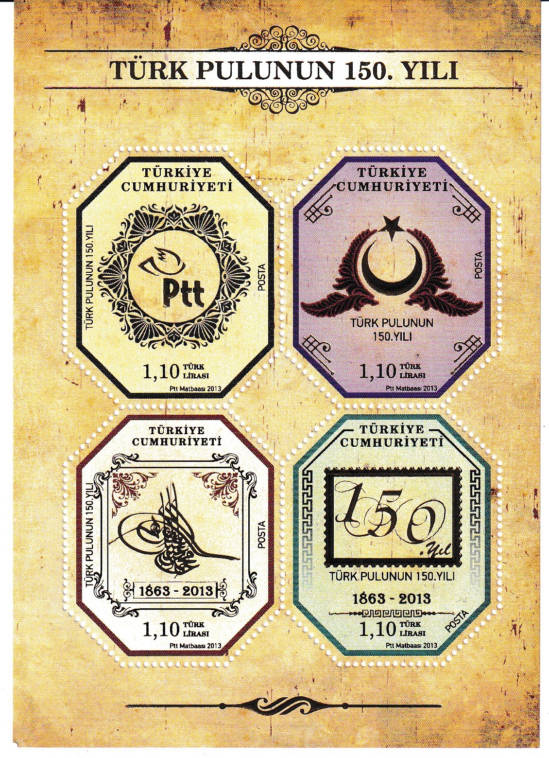Türk Pulunun 150 yılı blok mnh 1 türk pulunun 150 yılı