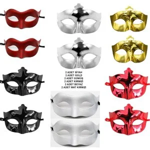 12 li renkli parti maskesi seti siyah gold gumus kirmizi beyaz mat kirmizi 155335.jpg