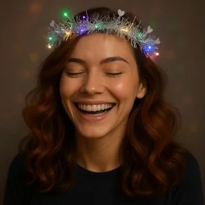 Kalp Püsküllü 3 Modlu LED Işıklı Taç Gümüş Renk