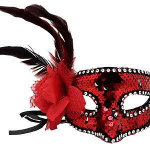 Kırmızı Yandan Tüylü Güllü Taşlı Pullu Maske